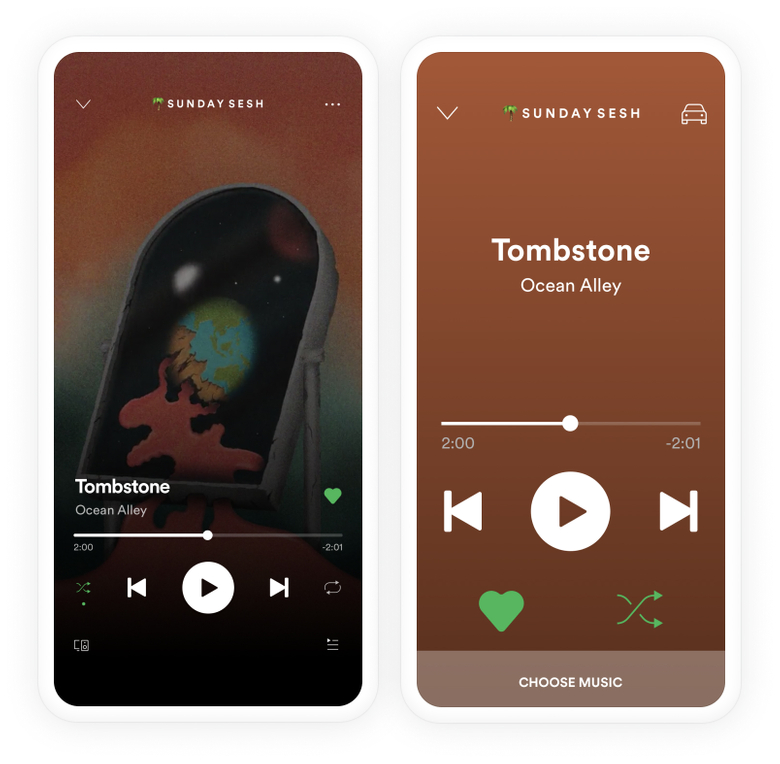 Spotify interface in regular mode vs Car Mode